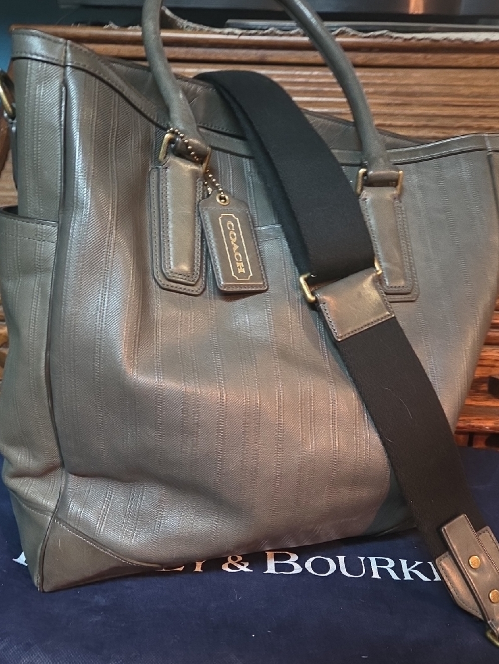 Coach Gray Leather Messenger Tote with Black Strap